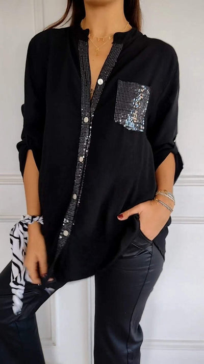 COTTON V™ | V-Neck Sequin Mid-Sleeve Casual Top