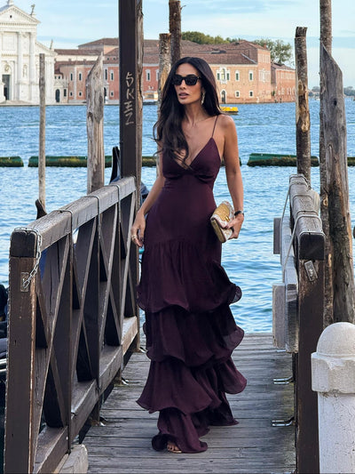 Esmira™ | Elegant Burgundy Tiered Maxi Dress