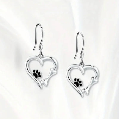 Silver Drop Earrings with Heart & Paw Design