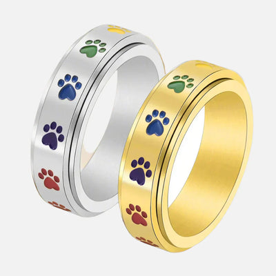 Spinning Stress Reducing Paw Ring – Stainless Steel with Rainbow Paws
