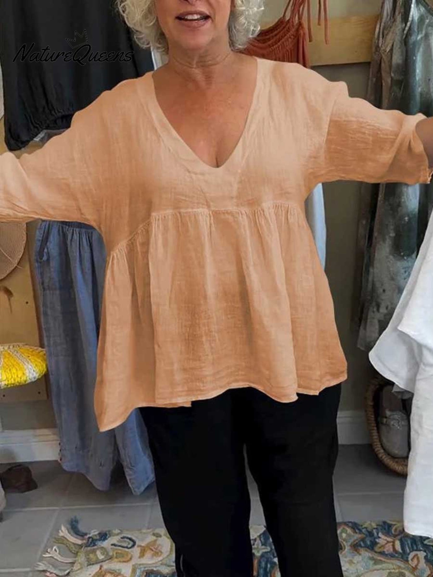 Nadia™ V-Neck Cotton and Linen Shirt