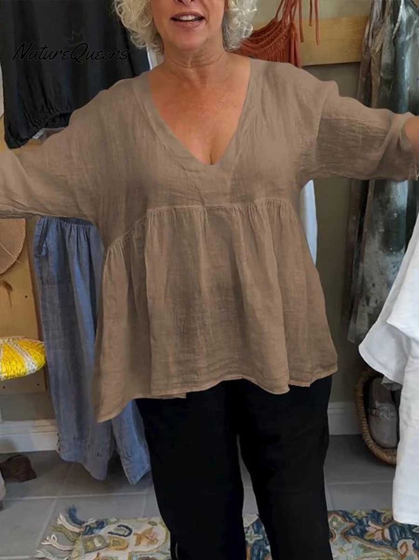 Nadia™ V-Neck Cotton and Linen Shirt